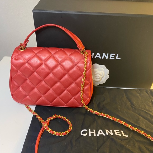 CHANEL Front Pocket Top Handle Flap Bag Quilted Calfskin Mini Pink - Picture 2 of 15